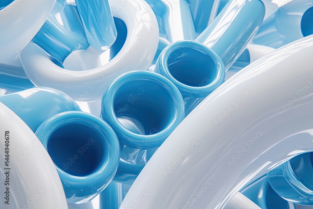 Poster abstract composition of intertwined tubes in light blue and white. intricate, 3d shapes interweave, 