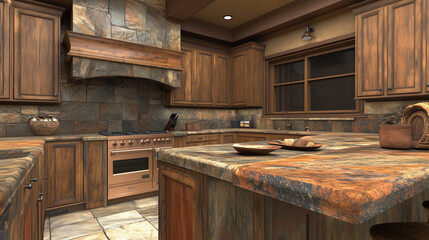 Warm wooden kitchen with natural stone details and modern appliances  