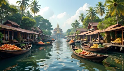 Obraz premium Floating Market in Thailand with Boats and Temple
