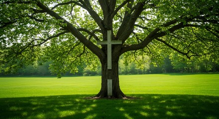 Fototapeta premium White Cross on a Lush Green Tree in a Sunny Field