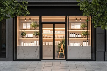 Modern storefront with illuminated shelves of skincare products.  Clean, minimalist design featuring natural elements like plants