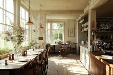 Obraz premium Rustic cafe interior with large windows, wooden tables, and chairs, bright sunlight. Floral arrangements, vintage-style lighting, and a warm atmosphere