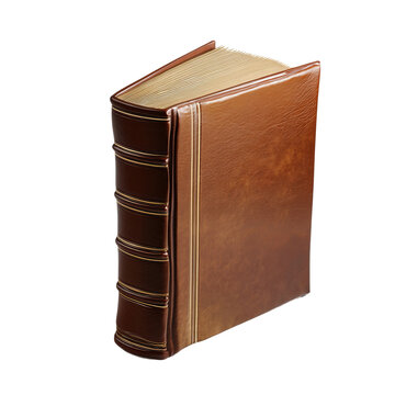 An old leather-bound book stands upright