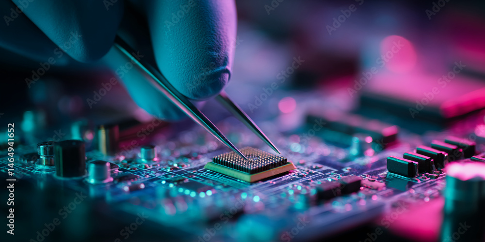 Poster close-up of gloved hand using tweezers to place a microchip onto circuit board, illuminated with pin