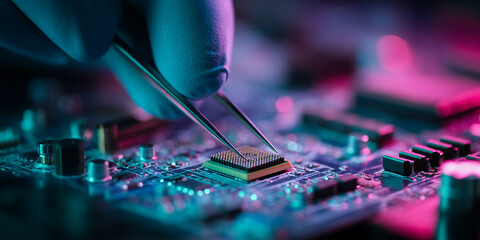 Close-up of gloved hand using tweezers to place a microchip onto circuit board, illuminated with pink and teal light, showcasing precision and technology