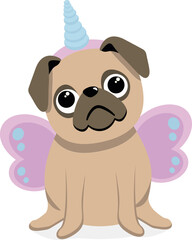 Cartoon Pug Dog with Unicorn Horn and Wings. Kawaii pug vector illustration