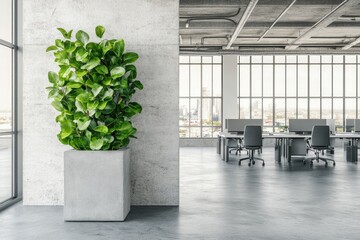 Modern, open-plan office space with large windows, city view, and a potted plant. Gray concrete walls, floors, and furnishings