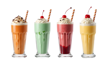 Pumpkin Spice, Mint Chocolate Chip, Red Velvet, Pineapple milkshake transparent PNG set bundle, isolated background. Whipped cream topping garnish, served in glass, striped straw, shake bar menu
