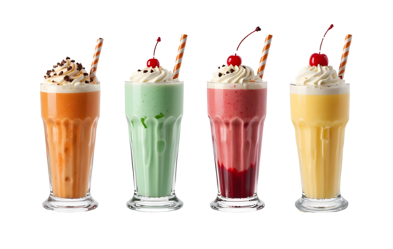 Pumpkin Spice, Mint Chocolate Chip, Red Velvet, Pineapple milkshake transparent PNG set bundle, isolated background. Whipped cream topping garnish, served in glass, striped straw, shake bar menu
