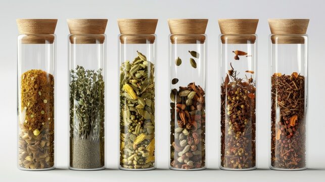 Assorted dried herbs and spices in clear glass jars
