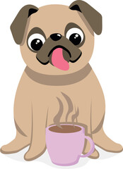 Cartoon Pug Dog with Coffee Illustration. Kawaii pug vector illustration