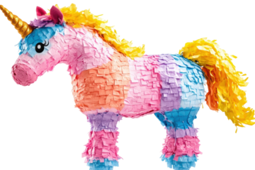 A vibrant rainbow unicorn pi ata ready for a fun party celebration perfect for kids birthdays on transparent background