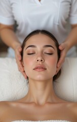 A serene woman with perfect skin treats herself to a peaceful massage session