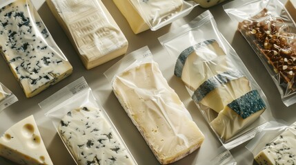 Assortment of cheeses in clear plastic packaging