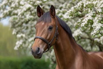 Obraz premium Elegant Brown Horse Portrait: Spring Blossom Backdrop