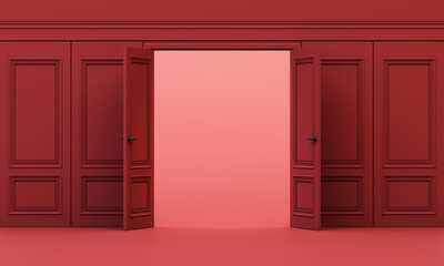 Both red doors open wide to a soft pink corridor, offering a warm yet surreal transition in a fully red environment. 3d rendering