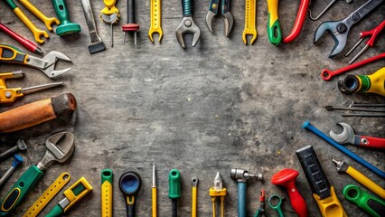 Colorful Assortment of Hand Tools Arranged on a Textured Surface, Providing Ample Space for Text or Design Elements