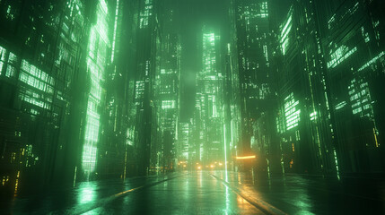 Naklejka premium Digital cyberspace with glowing cross lines in a futuristic 3D rendering. Symbolizes data flow, connectivity, and advanced technology in a high-energy, vertical tech-inspired virtual environment.