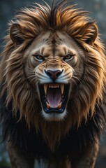 Close-up of a ferocious lion showing its strength and raw power