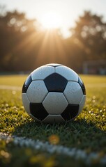 Close-Up of a Football on the Pitch, Framed by Morning Light and Dew