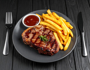 Grilled steak with french fries and a dipping sauce on a dark plate. A fork and knife are on either side of the plate.