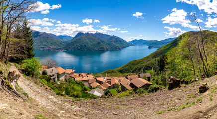 Panorama of Lake Como, Photographed at Carcente, a hamlet of San Siro, showing Bellagio, the Lecco branch, and the mountains.
