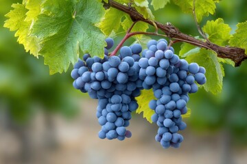 Fototapeta premium Luscious Blue Grapes Hanging on Vine: A Serene Autumnal Still Life