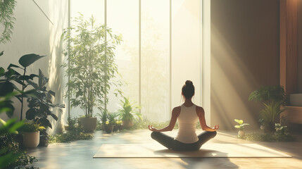 Young woman meditating in a serene indoor garden with soft sunlight  
