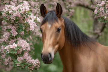 Obraz premium Elegant Chestnut Horse Amidst Blooming Pink Blossoms