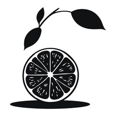 A graphic, black and white illustration of a citrus fruit slice.