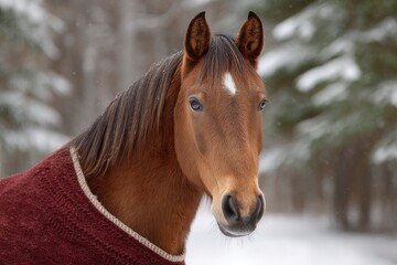 Obraz premium Brown Horse in Winter: Serene Portrait in Snowy Woods