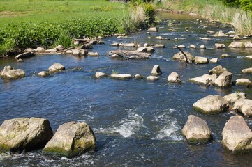 River flowing through rocks in green landscape