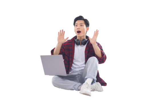 portrait of asian male student sitting posing on white background - Powered by Adobe