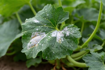 Diseased Squash Leaf: Powdery Mildew Spots on Green Foliage