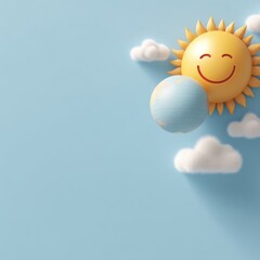 A smiling sun and a globe with fluffy clouds on a light blue background, creating a cheerful and playful atmosphere.