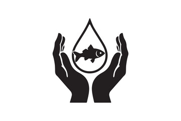 Hands Holding Water Drop with Fish Silhouette - Hands Saving Water and Fish