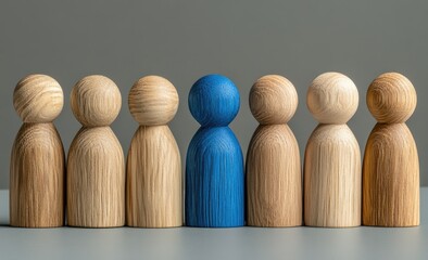 Single unique figure amongst a group of similar figures.  A single, vibrant blue wooden figurine stands out amidst a row of light brown wooden figurines on a gray background