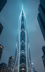 Night Lights Trace the Shape of a Futuristic Skyscraper in a Minimalist Urban Close-Up View