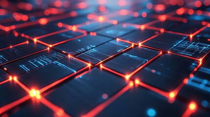 Fototapeta premium Digital cyberspace with glowing cross lines in a futuristic 3D rendering. Symbolizes data flow, connectivity, and advanced technology in a high-energy, vertical tech-inspired virtual environment.