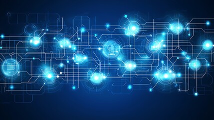 Abstract digital blue background with cyberpunk aesthetics including neon outlines and glowing tech accents