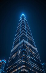 Night Lights Trace the Shape of a Futuristic Skyscraper in a Minimalist Urban Close-Up View