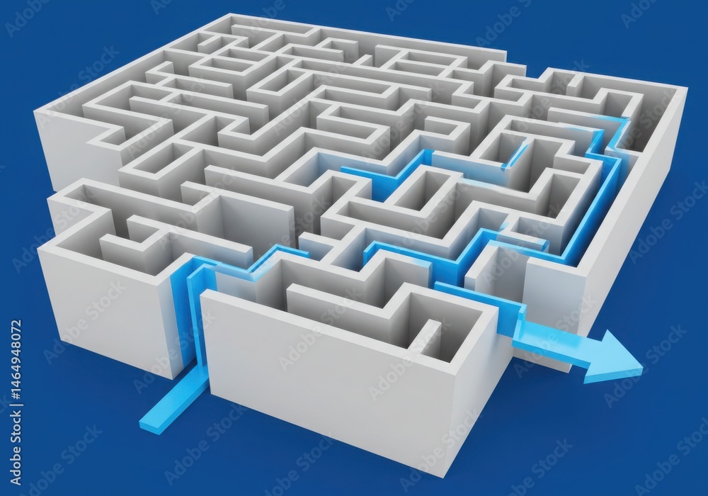 Wall mural white maze with a blue path showing the solution on a blue background design