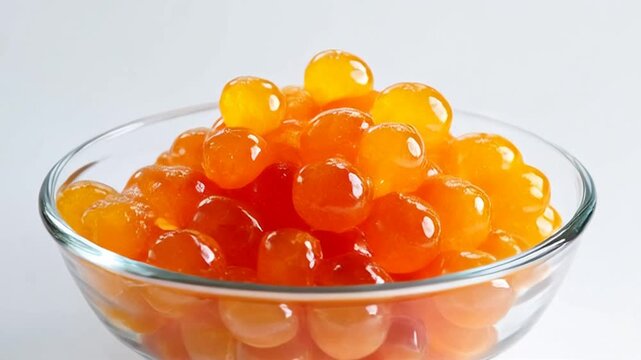 Close Up of Translucent Orange Tapioca Pearls in a Glass Bowl Illuminated by Studio Lighting With a Clean White Background Perfect for Culinary or Bubble Tea Ingredient Visuals