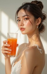 She holds a glass of juice with elegance, her skin glowing in the light