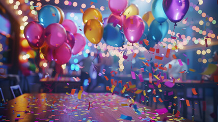 Colorful balloons and confetti in a festive party scene