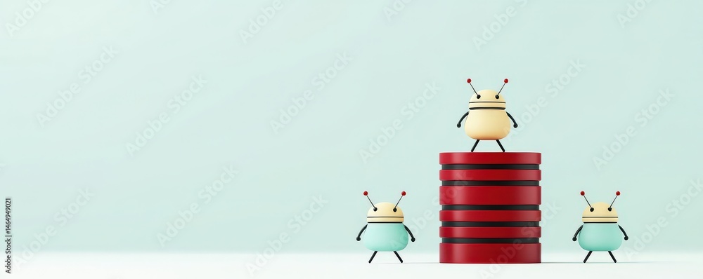 Poster cyber security ransomware prevention concept. three cartoonish bugs on a stack of red containers aga