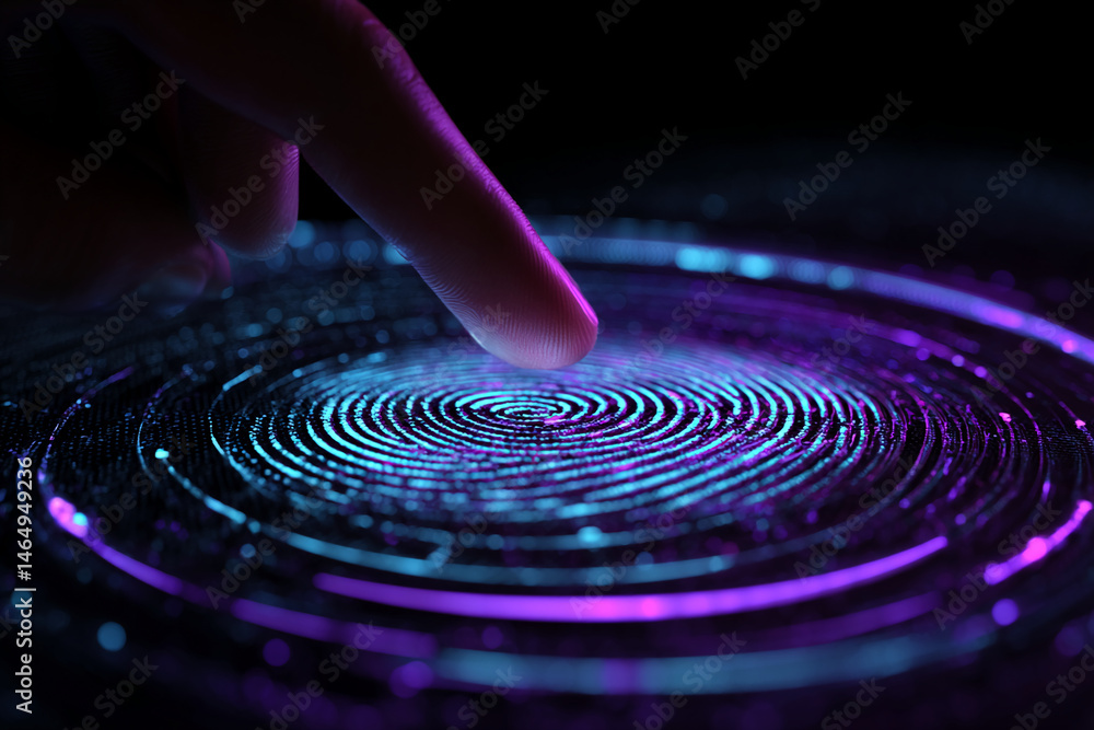 Poster fingertip on glowing circular surface, creating concentric light patterns, symbolizing digital acces