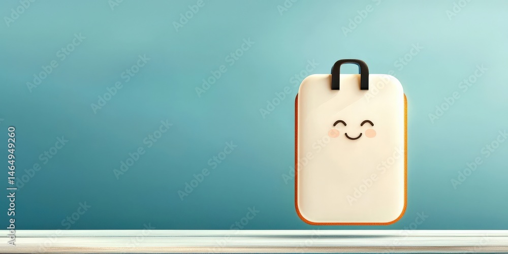 Poster cyber security ransomware prevention concept. happy suitcase with a smiling face on a simple backgro