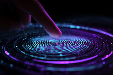 Fingertip on glowing circular surface, creating concentric light patterns, symbolizing digital access, biometric technology, or futuristic interface