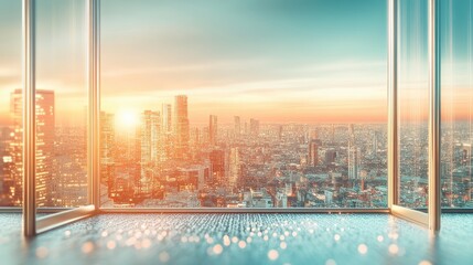 Panoramic Sunset View from Modern Glass Doors Cityscape at Golden Hour Sparkling Floor HighRise Building Interior